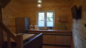 eine Küche mit einem Kühlschrank und einem Fenster in der Unterkunft Apartamenty i domki letniskowe Galapagos in Okuninka + 50 Fotos