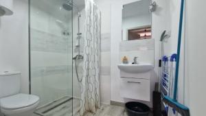 ein Badezimmer mit Dusche, Toilette und Waschbecken in der Unterkunft Apartamenty i domki letniskowe Galapagos in Okuninka