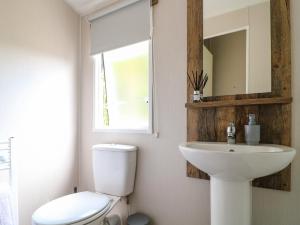 a bathroom with a toilet and a sink and a mirror at Woodpecker Lodge in Coalville +37 photos