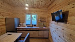 eine Küche mit einem Kühlschrank und einem TV an der Wand in der Unterkunft Apartamenty i domki letniskowe Galapagos in Okuninka