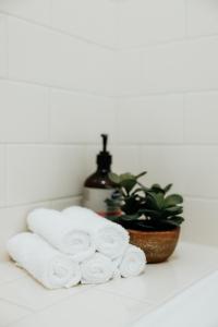 a pile of towels sitting next to a potted plant at Coastal Garden Villa in Albany