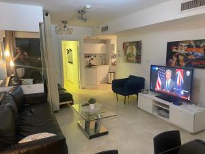 ヘルツリーヤBにあるמרינה טוורס Marina towersのソファと薄型テレビのあるリビングルーム