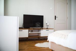 a bedroom with a tv on a white dresser at Saltwater Apartments in Ocna-Mureşului +4 photos