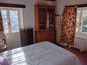 a bedroom with a bed and a cabinet and windows at Relai de randonnées pédestres, cévenoles, bassin en eau de source, randonnées d'ânes abreuvoir et enclos in Monoblet