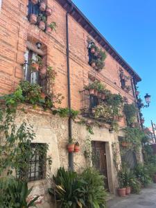 an old brick building with potted plants on it at La Posada De Alanah in Candeleda