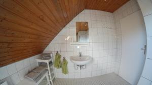 La salle de bains est pourvue d'un lavabo et d'un plafond en bois. dans l'établissement Ferienwohnung Horvath Kelkheim Taunus, à Kelkheim