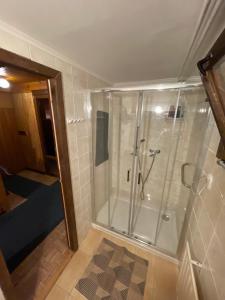 a shower with a glass door in a bathroom at Chata Diana Mlynčeky in Mlynčeky +13 photos