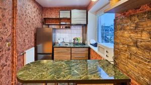 a kitchen with a counter top and a refrigerator at SunCity Apartment in Šiauliai