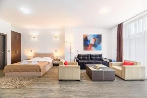 a bedroom with a bed and a living room with a couch at Alpine Escape Studio - Silver Mountain Resort & SPA - Poiana Brasov in Poiana Brasov