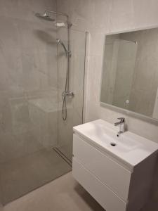 a bathroom with a shower and a sink and a mirror at Apartman Plesa in Povljana +25 photos