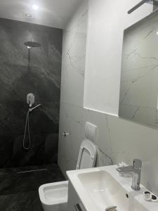a bathroom with a sink and a toilet and a mirror at Hotel Luli City Center in Durrës