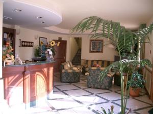 a living room with a lobby with a fireplace at Hotel Stella 2000 in Olbia