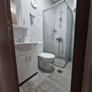 a bathroom with a shower and a toilet and a sink at Apartments Lakeside Elesec in Ohrid +45 photos