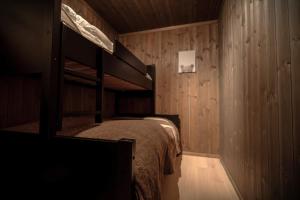 a bedroom with a bunk bed and wooden walls at Storefjell Resort - Panorama apartments in Gol