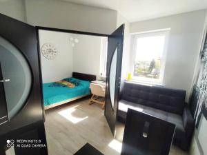 a small room with a bed and a mirror at Willa Loka Apartamenty in Władysławowo