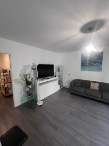 a living room with a couch and a flat screen tv at Maison de 100m2 a 5 minutes du centre de base du PSG in Poissy