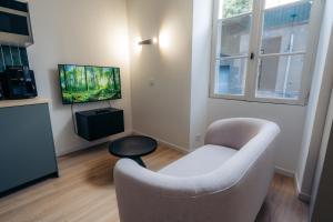 a living room with a chair and a tv at Le clocher du château in Fontainebleau