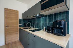 a kitchen with a sink and a coffee maker on a counter at Le clocher du château in Fontainebleau