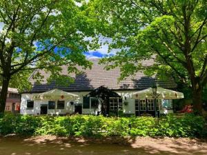 a house with two umbrellas in front of it at Modern chalet in de bossen van de Veluwe in Epe