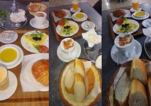 tre foto di un tavolo per la colazione con cibo e bevande di Hotel OMAIMA a Laayoune