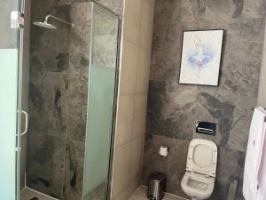 a bathroom with a toilet and a glass shower at Oryz Apartments Jabi in Abuja +7 photos