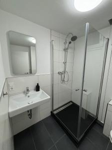 a white bathroom with a shower and a sink at AG Zimmervermietung Fellbach in Fellbach +47 photos