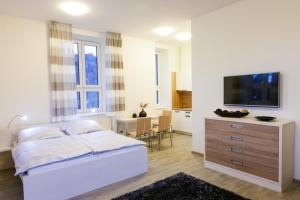 a bedroom with a bed and a flat screen tv at Hotel Valdes in Loučná nad Desnou
