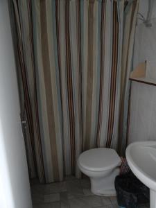 a bathroom with a toilet and a shower curtain at Roma Hotel in Porto Alegre