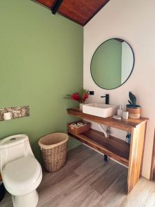 a bathroom with a sink and a toilet and a mirror at Alma Vida Lofts in Fortuna +9 photos