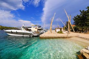 a group of boats docked at a dock in the water at Rooms by the sea Cove Golubovac, Kornati - 23062 in Bizikovica