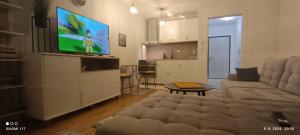 a living room with a couch and a flat screen tv at Hidden Dream Place Sarajevo in Sarajevo
