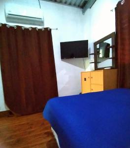 a bedroom with a bed and a tv and a curtain at costa azul apartment el zonte in La Libertad
