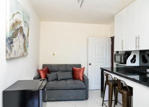 a living room with a couch and a kitchen at Apartamento moderno de una habitación in San Pedro de Macorís