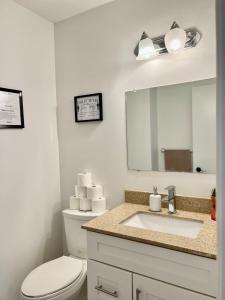 a bathroom with a toilet and a sink and a mirror at Key-04 Room Near Airport in Mississauga