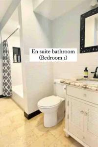 ein Badezimmer mit einer weißen Toilette und einem Waschbecken in der Unterkunft Be A Nomad - Oceanviews Bottom and Steps to the Beach in Jacksonville Beach