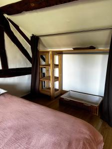 a bedroom with a bed and a book shelf at La maison des Graviers in Nogent-sur-Seine