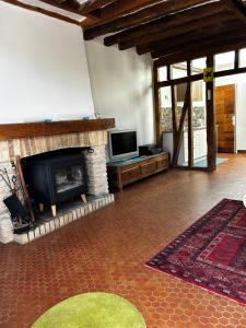 a living room with a fireplace and a tv at La maison des Graviers in Nogent-sur-Seine