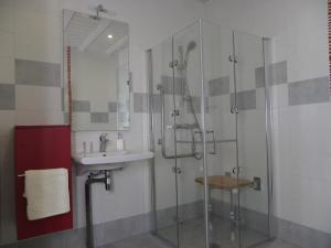 a bathroom with a glass shower and a sink at Le Logis De Saint-Martin in Haute-Goulaine