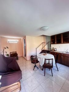 un soggiorno con tavolo e cucina di Green ToniC Hostel a Kutaisi