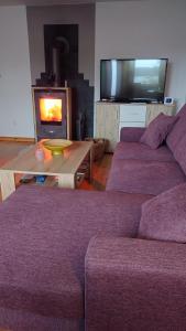 a living room with two purple couches and a fireplace at Ferienbungalow in Neuruppin