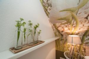 a shelf with several glass vases with plants on it at Ferienwohnung Nilsson in Halstenbek +9 photos