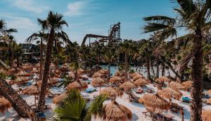 a beach with straw umbrellas and a roller coaster at Villetta Moro Mesele in Lido di Jesolo