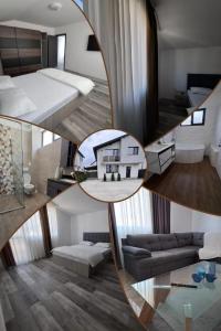 Un collage de fotos de un dormitorio y una sala de estar. en Casa Vila Pitești, en Piteşti