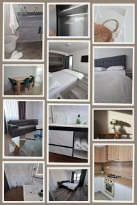 un collage de fotos de un dormitorio y una cama en Casa Vila Pitești, en Piteşti