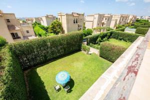 Vue aérienne d'un jardin avec un objet bleu dans l'herbe dans l'établissement Rihana Villa studios, à Borg El Arab