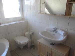 a bathroom with a sink and a toilet and a mirror at Ferienhaus Bolliger Apartment 3 in Kalkhorst