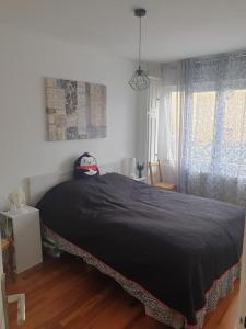 a bedroom with a large bed with a black blanket at Petite maison individuelle à 30min de Paris in Brétigny-sur-Orge