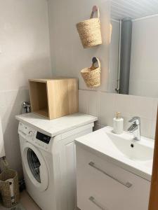 Un baño con lavadora y lavabo. en Vanhan Karhun Huoneistot, en Ruka