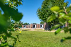 a building in the background with a grass field at Golf Cubes Hohwacht in Hohwacht