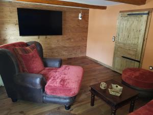 a living room with a chair and a flat screen tv at Gohrischer Hof Anno 1798 in Kurort Gohrisch